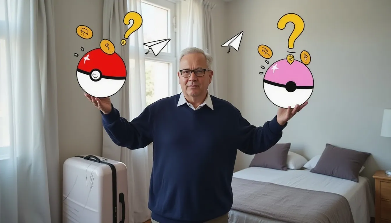 An older gray-haired man in glasses and a navy sweater stands beside a white suitcase in a bright bedroom, a hand-drawn red pokeball on one palm and a pink one on the other, amid drawn question marks, coins and paper airplanes.