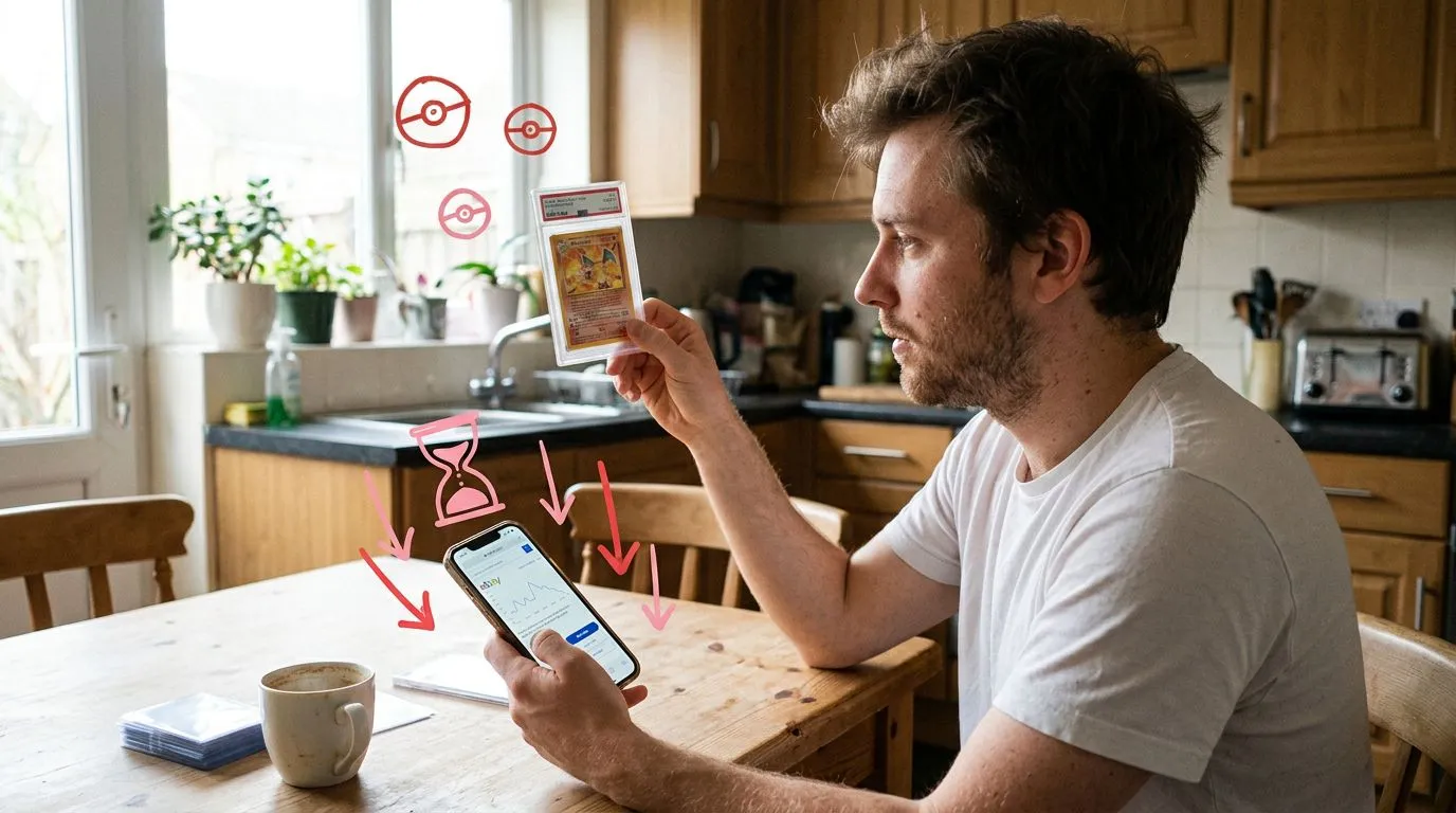 A photograph of a man holding a graded card slab up to the window light while checking his phone for offers at an empty kitchen table, with flat hand drawn pokeball-red illustrations of pokeballs, hourglass, downward arrows drawn over it.