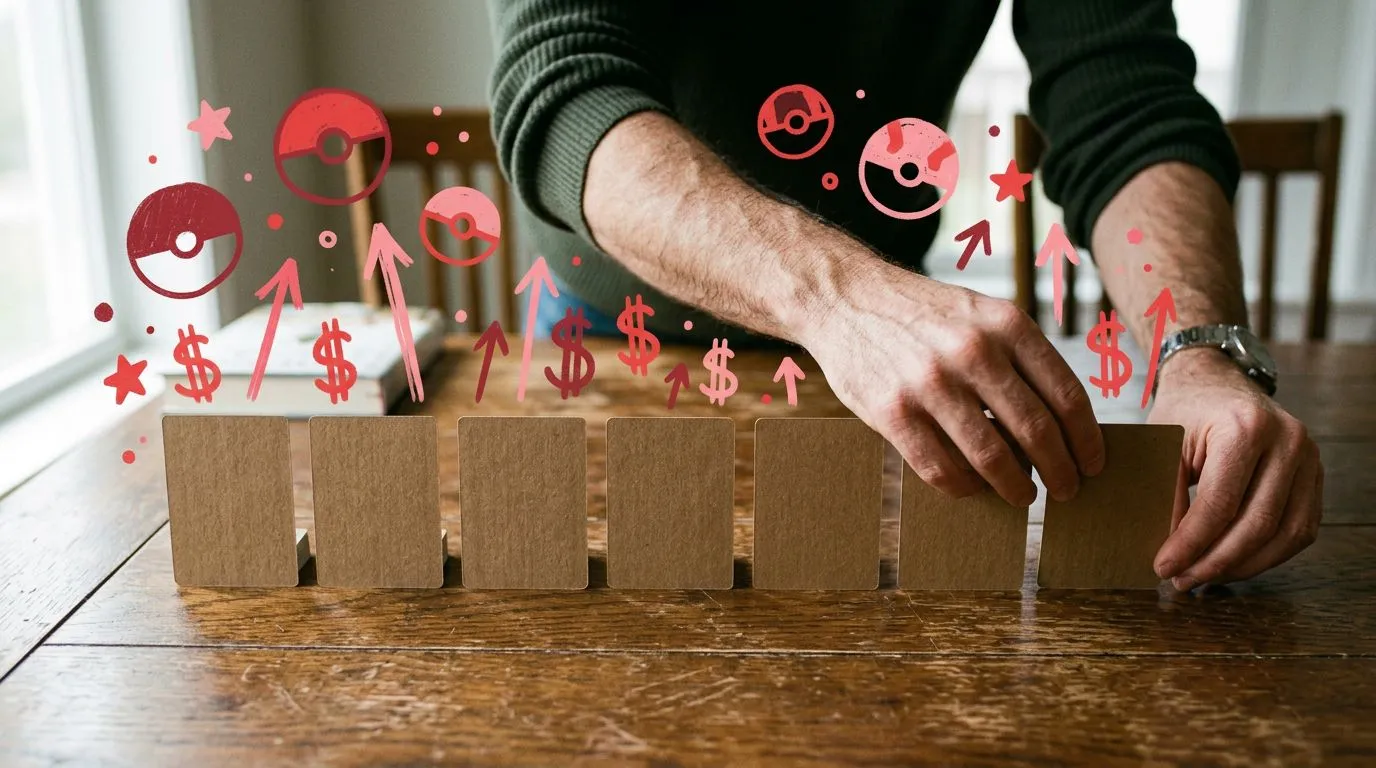 A photograph of a man laying out six plain trading card backs in a row across a wooden table, with flat hand drawn pokeball-red illustrations of pokeballs, upward arrows, dollar signs drawn over it.