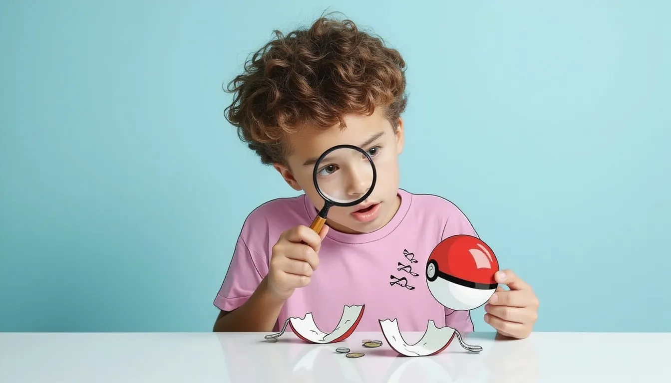 A curly-haired boy in a pink T-shirt peers through a magnifying glass while holding a red-and-white pokeball, with two cut-open shell halves and a few coins on the white table in front of him, against a pale blue wall.