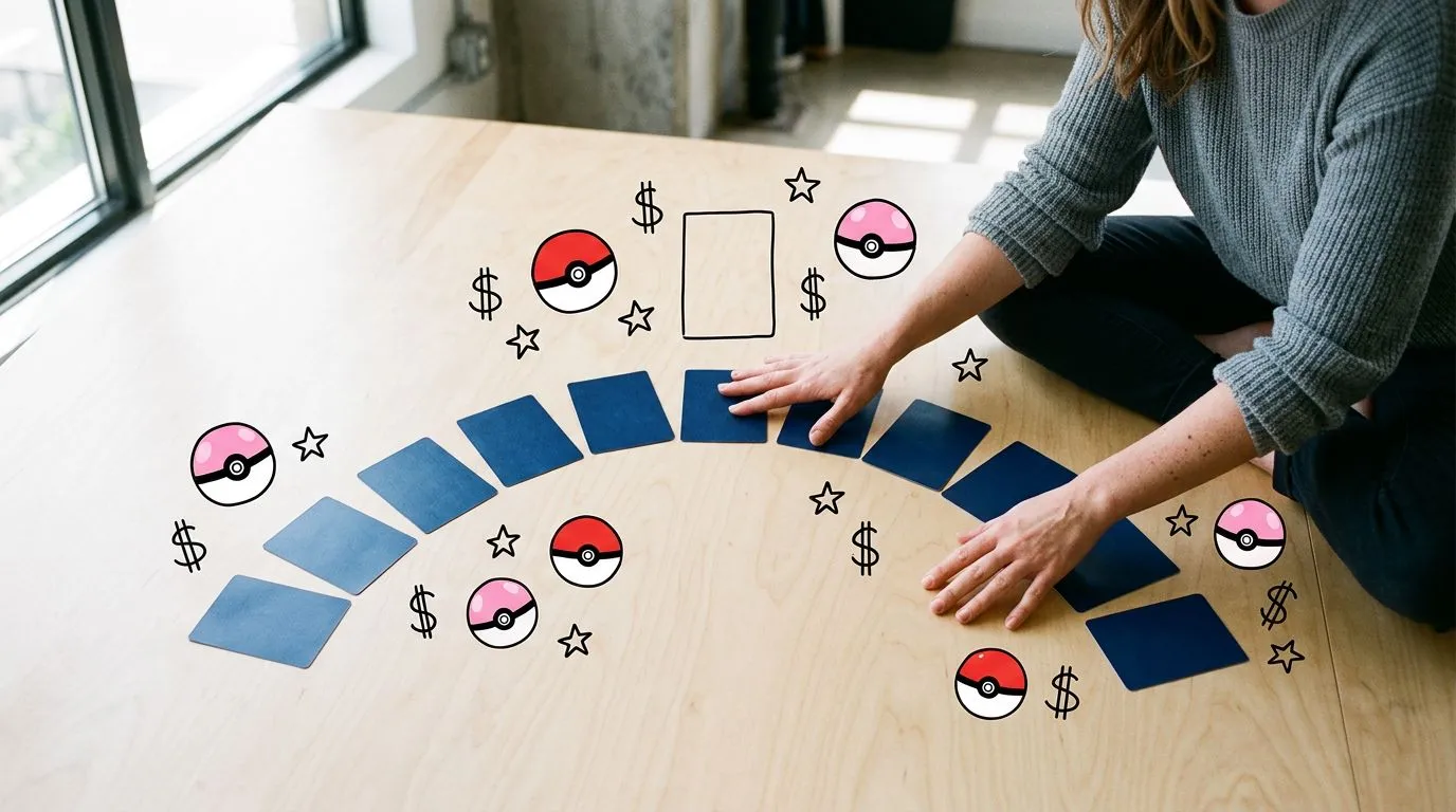A photograph of a woman spreading the plain backs of ten trading cards into a wide arc across a bright studio floor, tallest price card set apart at the top, with flat hand drawn pokeball-red illustrations of pokeballs, dollar signs, stars drawn over it.