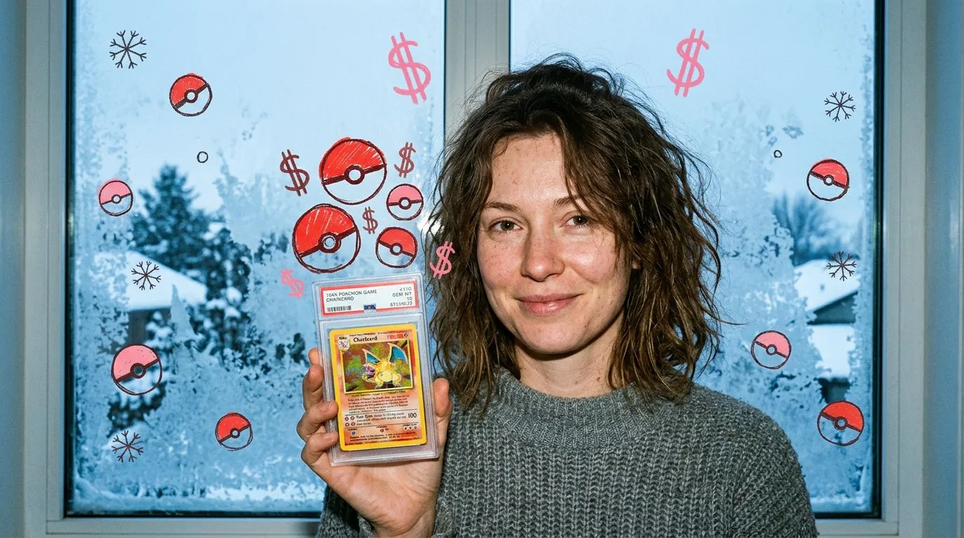 A photograph of a woman holding up a graded card slab near a frosted winter window in cool morning light, with flat hand drawn pokeball-red illustrations of pokeballs, snowflakes, dollar signs drawn over it.