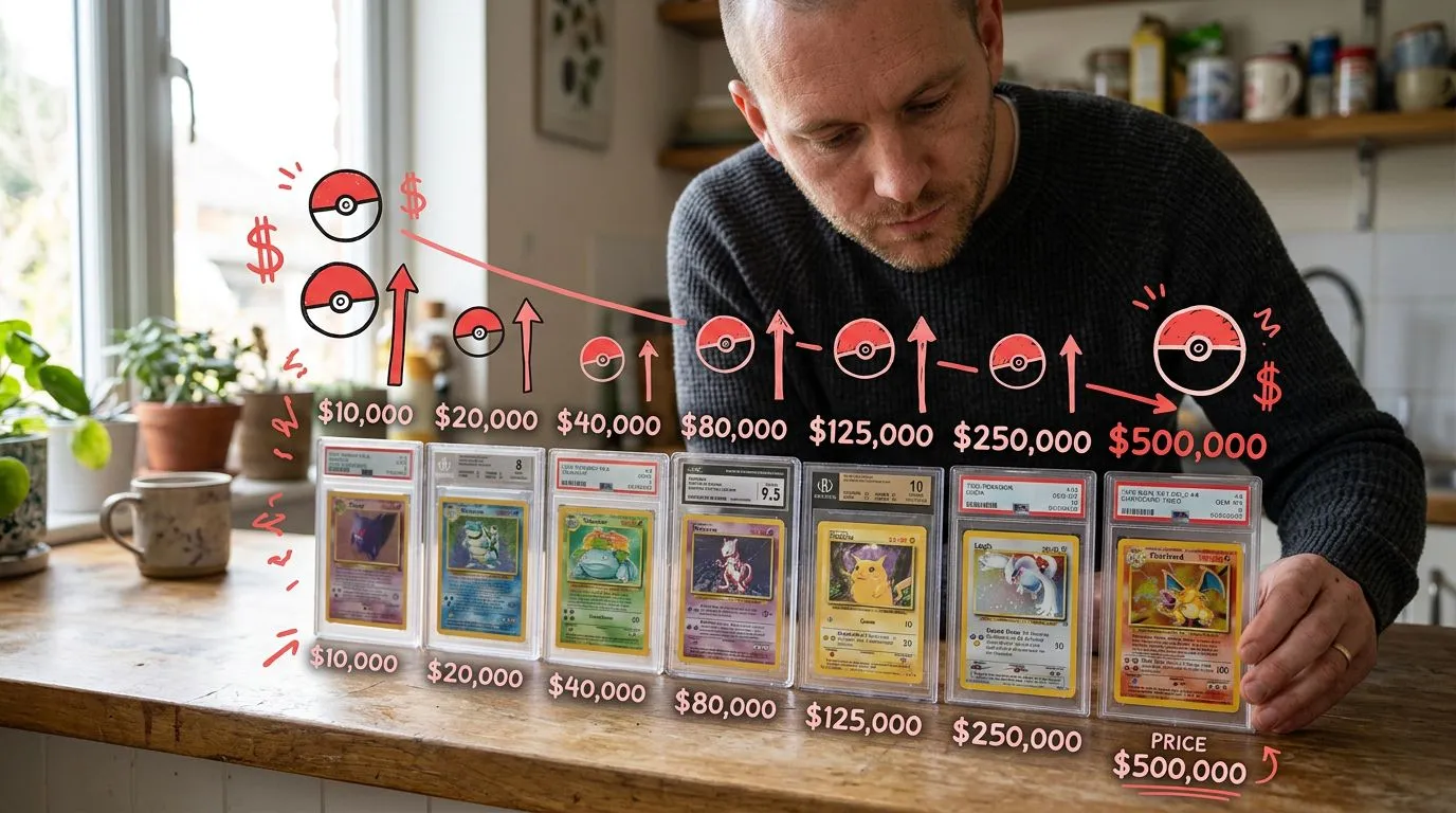 A photograph of a man lining up graded card slabs from tallest to shortest price along a sunlit kitchen counter, with flat hand drawn pokeball-red illustrations of pokeballs, dollar signs, upward arrows drawn over it.