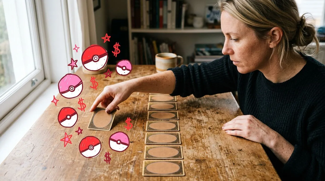 A photograph of a woman ranking ten plain trading-card backs in a line down a wooden desk, sliding the top one ahead of the rest, with flat hand drawn pokeball-red illustrations of pokeballs, dollar signs, star shapes drawn over it.