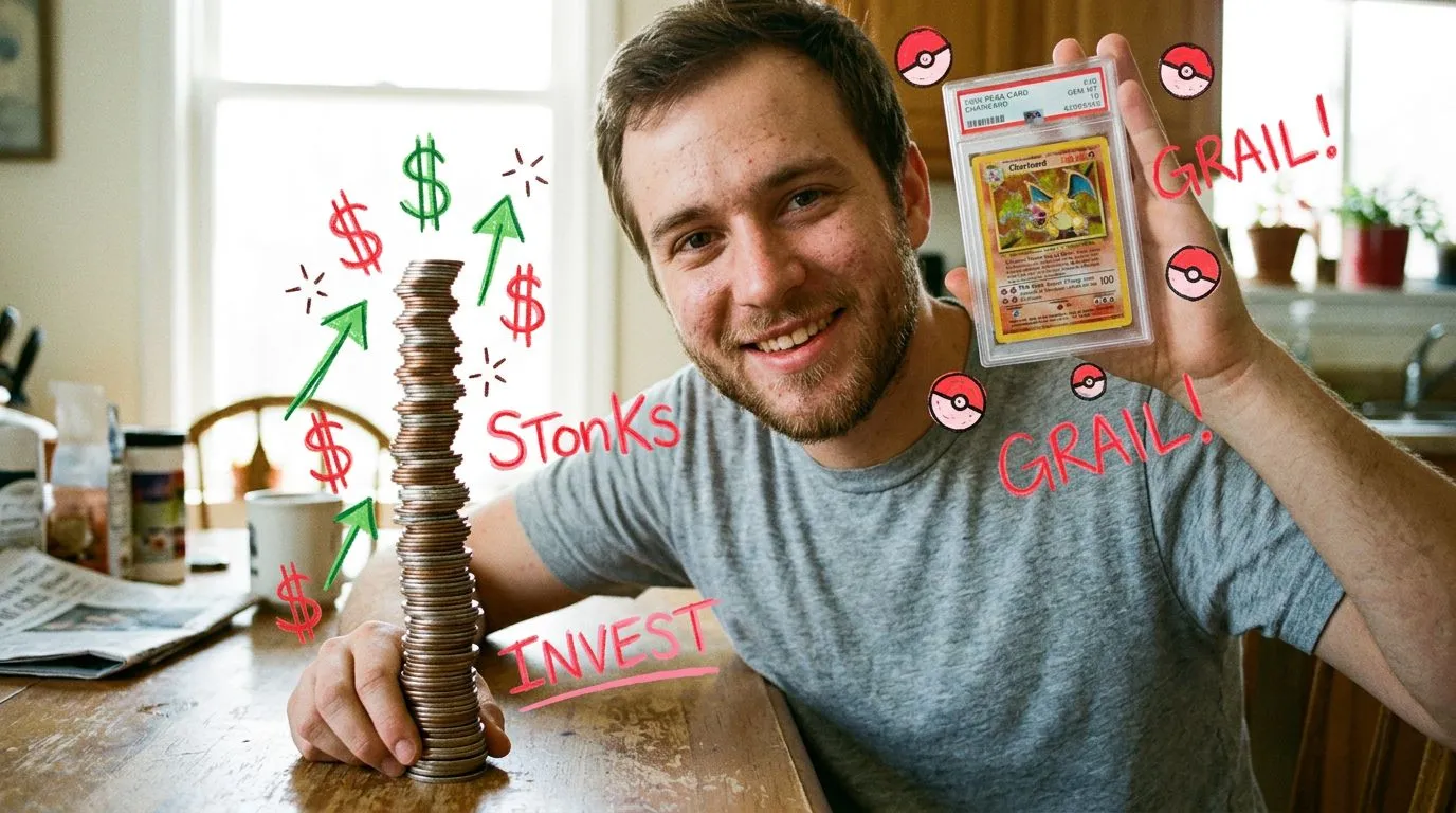 A photograph of a man holding up a graded card slab next to a tall stack of coins at a bright kitchen table, with flat hand drawn pokeball-red illustrations of pokeballs, dollar signs, upward arrows drawn over it.