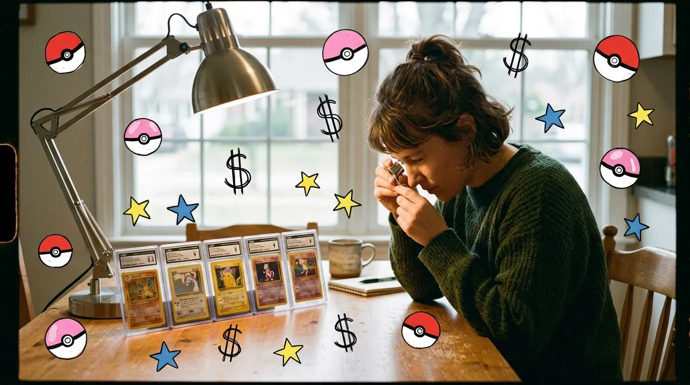 A photograph of a woman at a kitchen table lining up several graded slabs in a row under a desk lamp, checking each label with a loupe, with flat hand drawn pokeball-red illustrations of pokeballs, dollar signs, stars drawn over it.