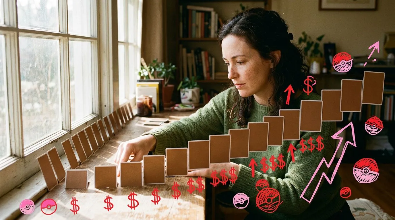 A photograph of a woman propping the plain backs of trading cards along a sunlit windowsill in price order, with flat hand drawn pokeball-red illustrations of pokeballs, dollar signs, upward arrows drawn over it.