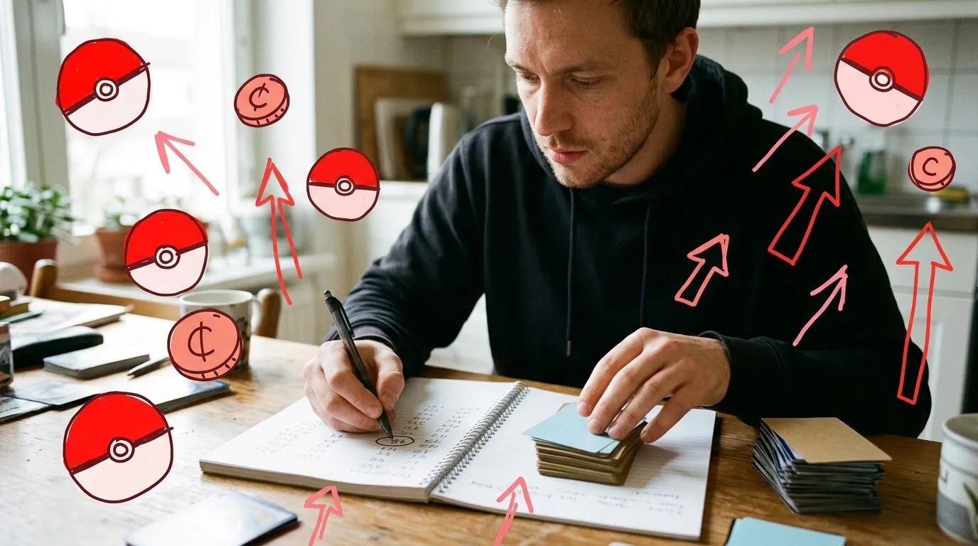 A photograph of a man circling numbers in a notebook while sorting the plain backs of trading cards into a tidy stack at a kitchen table, with flat hand drawn pokeball-red illustrations of pokeballs, coins, upward arrows drawn over it.