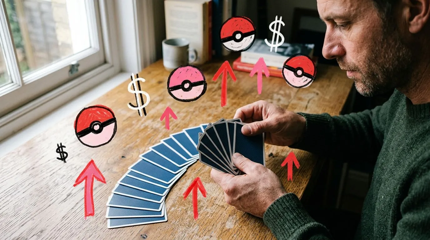 A photograph of a man arranging the plain backs of trading cards from oldest to newest in a fan across a wooden desk, with flat hand drawn pokeball-red illustrations of pokeballs, dollar signs, upward arrows drawn over it.