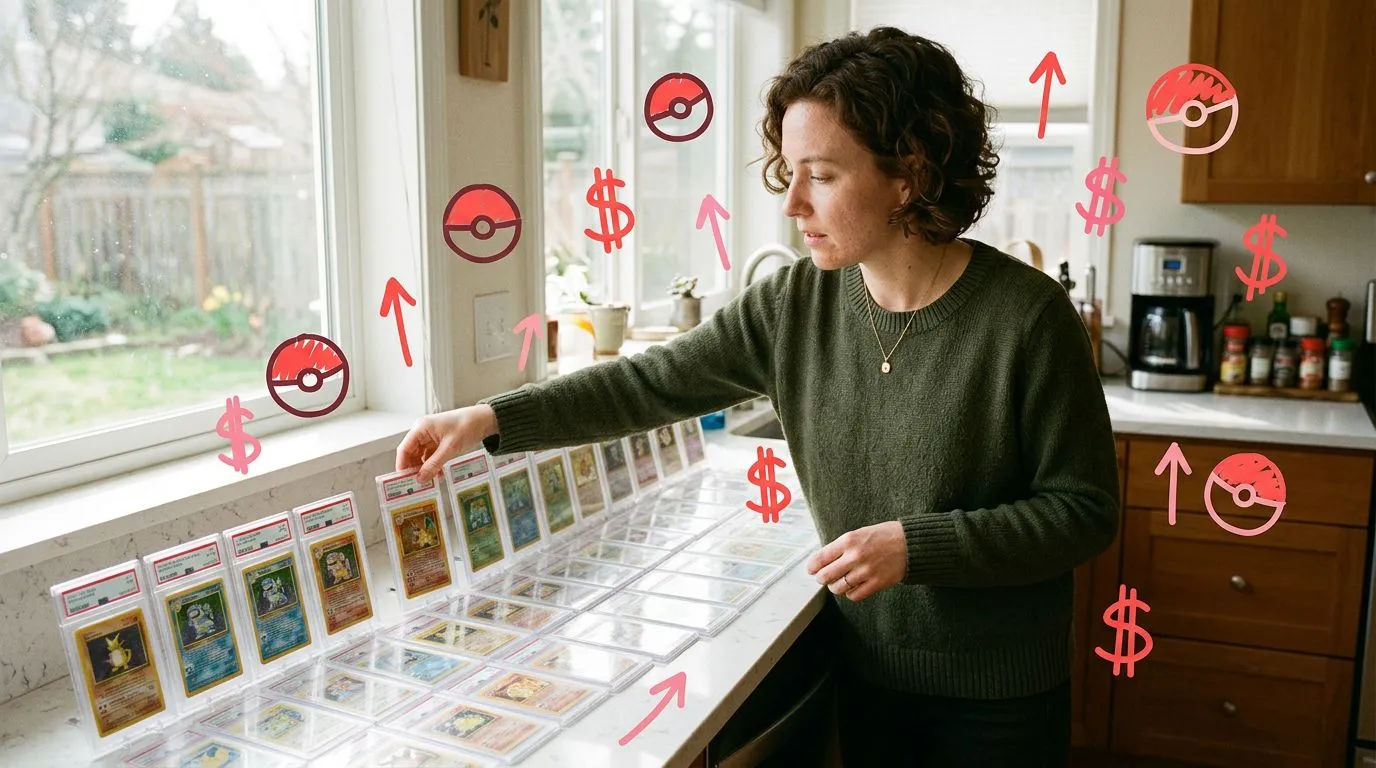 A photograph of a woman arranging graded card slabs in descending order across a sunlit kitchen counter, with flat hand drawn pokeball-red illustrations of pokeballs, dollar signs, upward arrows drawn over it.