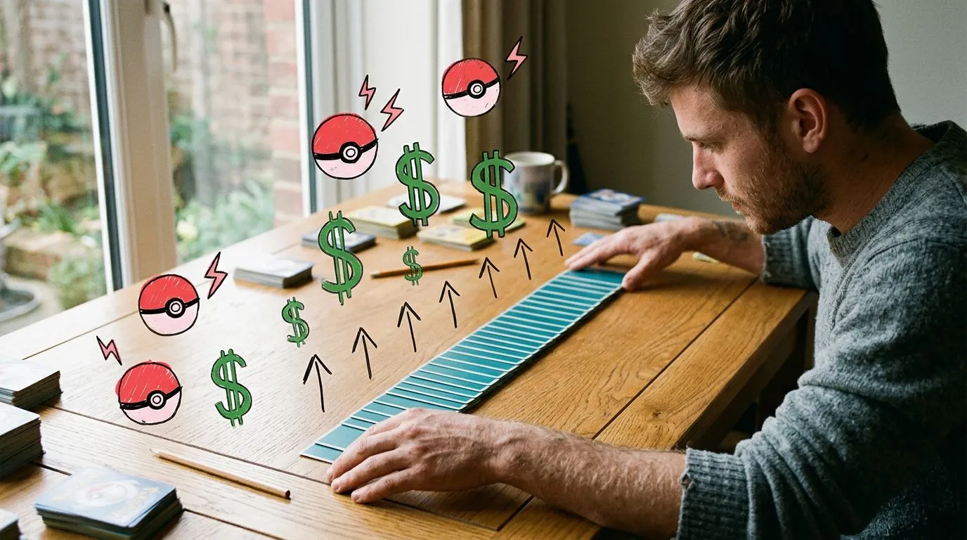 A photograph of a man lining up the plain backs of trading cards in ranked order across a wooden desk, with flat hand drawn pokeball-red illustrations of pokeballs, dollar signs, upward arrows drawn over it.