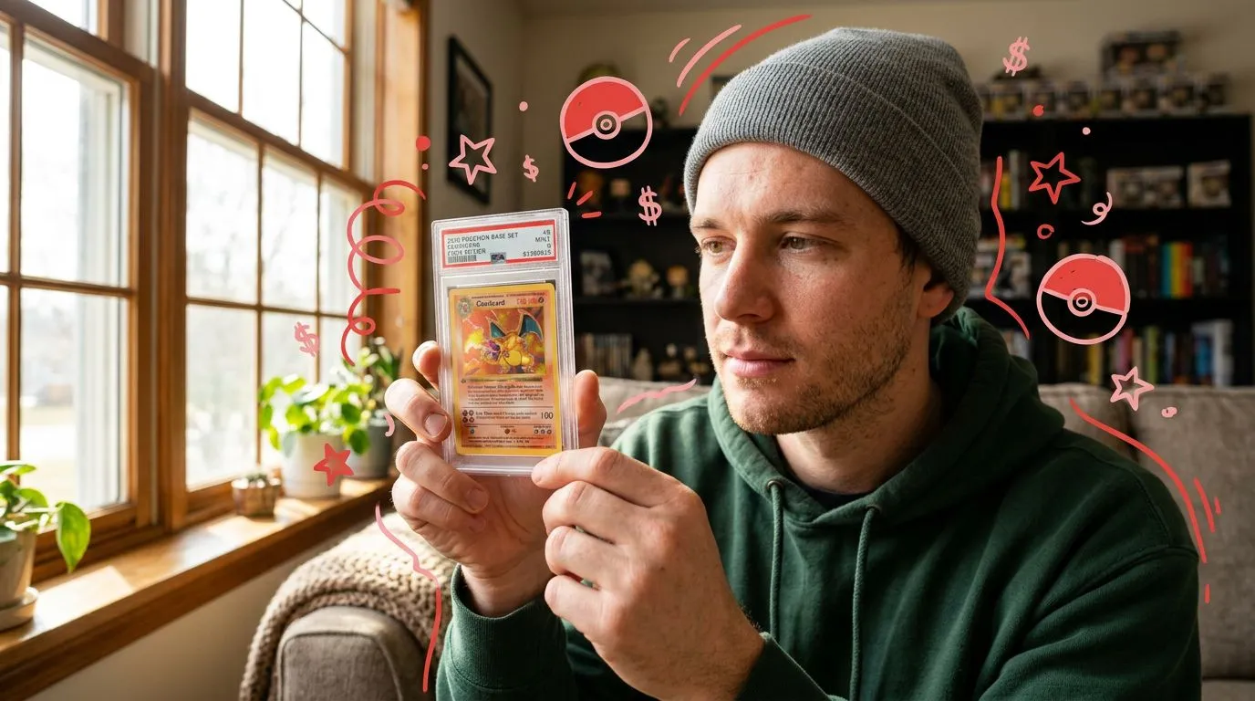 A photograph of a man holding up a graded card slab toward a sunlit window in a living room, with flat hand drawn pokeball-red illustrations of pokeballs, dollar signs, stars drawn over it.