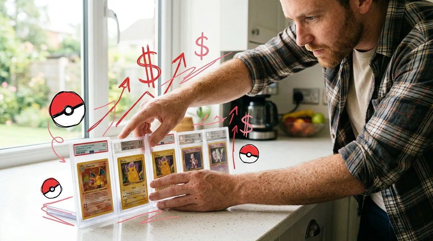A photograph of a man lining up several graded card slabs by height across a bright kitchen counter, with flat hand drawn pokeball-red illustrations of pokeballs, dollar signs, upward arrows drawn over it.