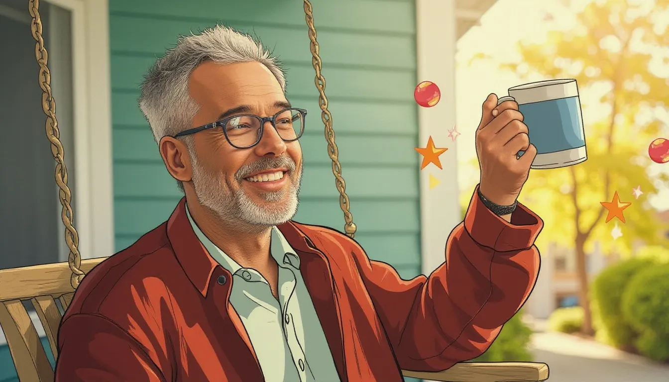 A photograph of a gray-haired man on a porch swing raising a coffee mug toward the morning sun with a nostalgic smile, with flat hand drawn pokeball-red illustrations of stars and small red spheres drawn over it.