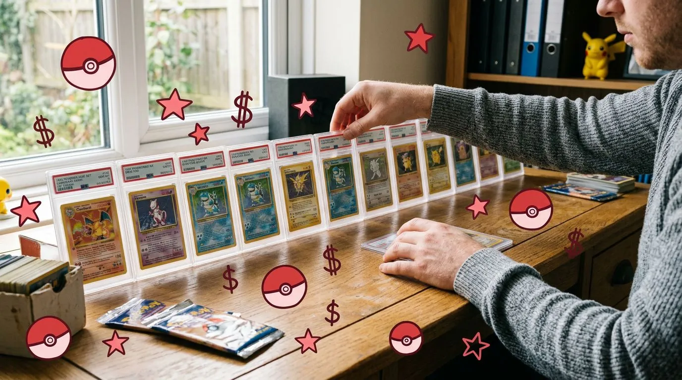 A photograph of a collector lining up graded slabs from tallest price to shortest on a sunlit desk, with flat hand drawn pokeball-red illustrations of pokeballs, dollar signs, stars drawn over it.