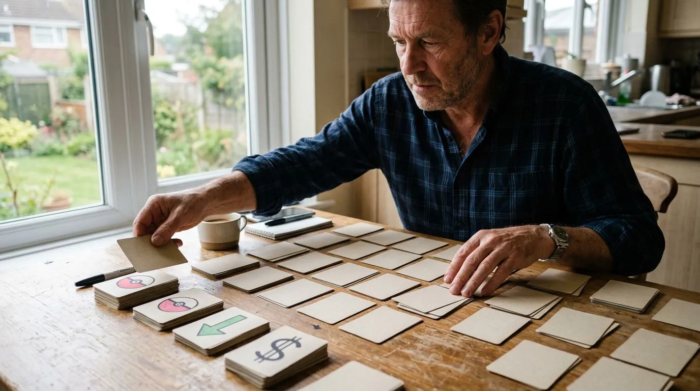 A photograph of a man ranking several plain trading card backs spread across a kitchen table, with flat hand drawn pokeball-red illustrations of pokeballs, dollar signs, upward arrows drawn over it.