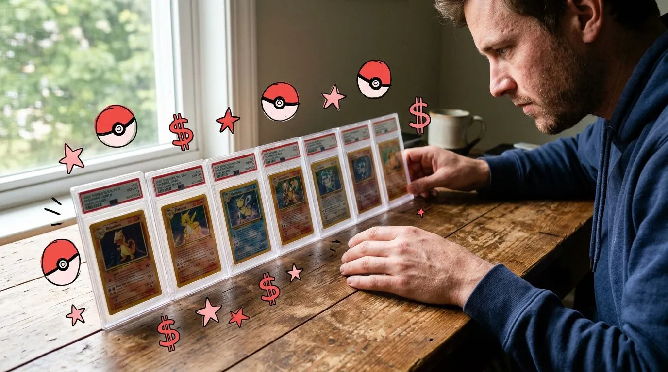 A photograph of a man arranging several graded card slabs in a row across a wooden desk, tallest price to shortest, with flat hand drawn pokeball-red illustrations of pokeballs, dollar signs, stars drawn over it.