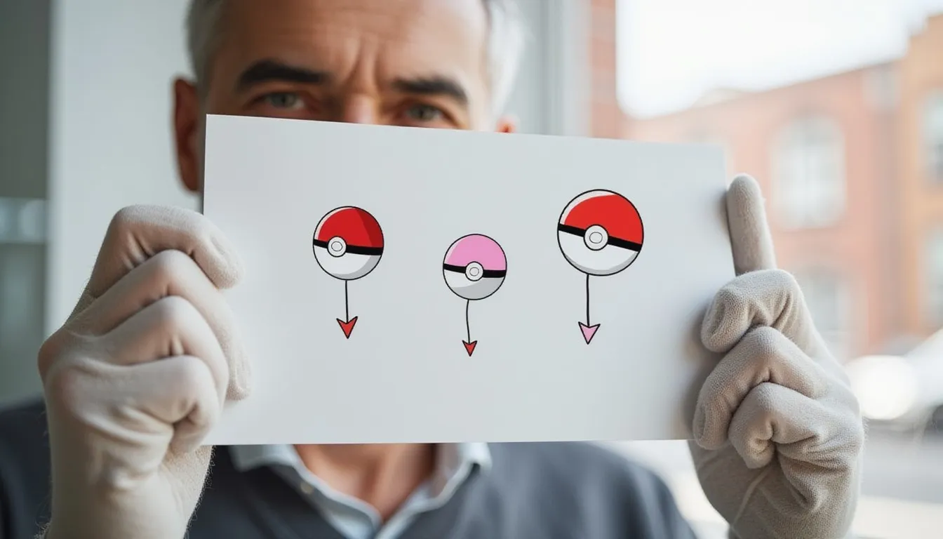 A photograph of a gray-haired man in white cotton gloves holding a white card up in front of his face by a bright window, with three hand drawn pokeballs, two red and one pink, each above a downward arrow, drawn on the card.