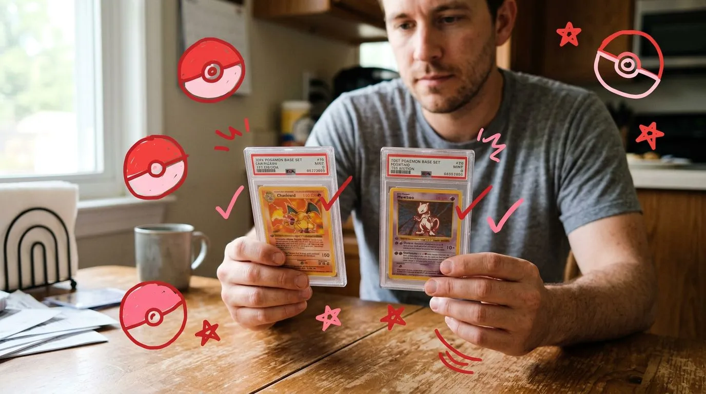 A photograph of a man comparing two graded card slabs side by side at a kitchen table, with flat hand drawn pokeball-red illustrations of pokeballs, checkmarks, stars drawn over it.