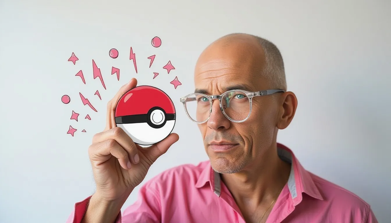 A photograph of a bald man in clear-framed glasses and a pink shirt holding a flat hand drawn red and white pokeball up beside his face against a plain white wall, with hand drawn pink stars, lightning bolts and dots around it.