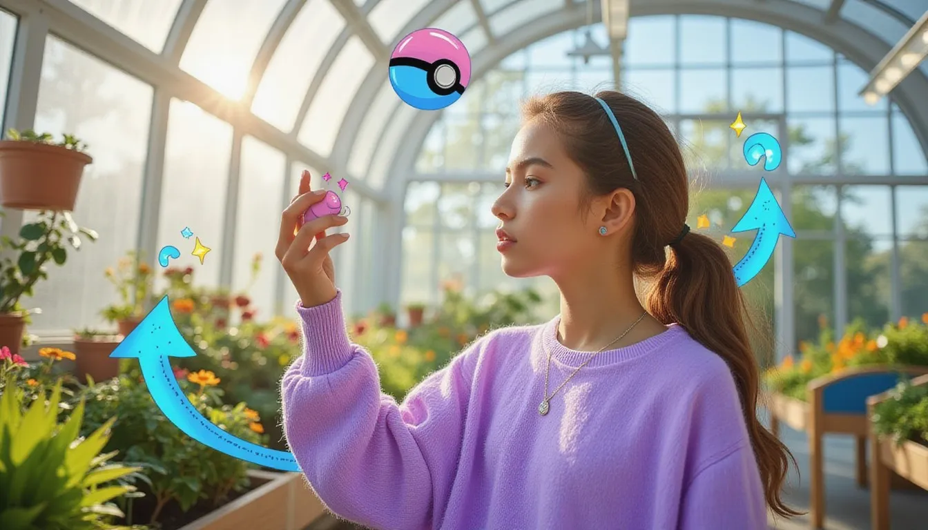 A photograph of a young woman in a lavender sweater holding a small shiny pink ball up to the light in a sunlit glass greenhouse, with a hand drawn pink and blue pokeball, sparkles and curved blue arrows drawn around her.