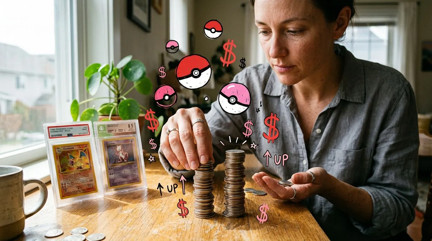 A photograph of a woman stacking two uneven piles of coins beside two graded card slabs on a sunlit desk, with flat hand drawn pokeball-red illustrations of pokeballs, dollar signs, upward arrows drawn over it.