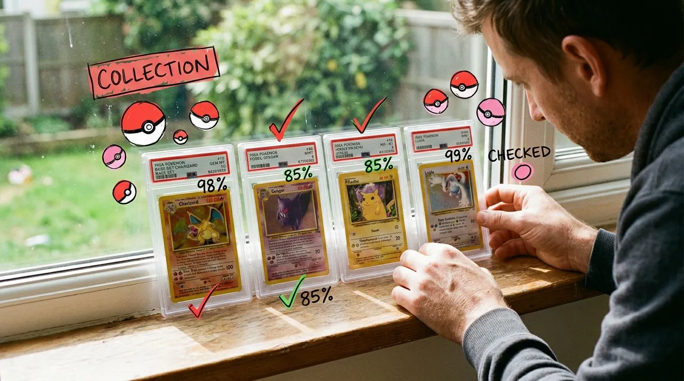 A photograph of a man lining up four graded card slabs on a sunlit windowsill, with flat hand drawn pokeball-red illustrations of pokeballs, checkmarks, percent signs drawn over it.