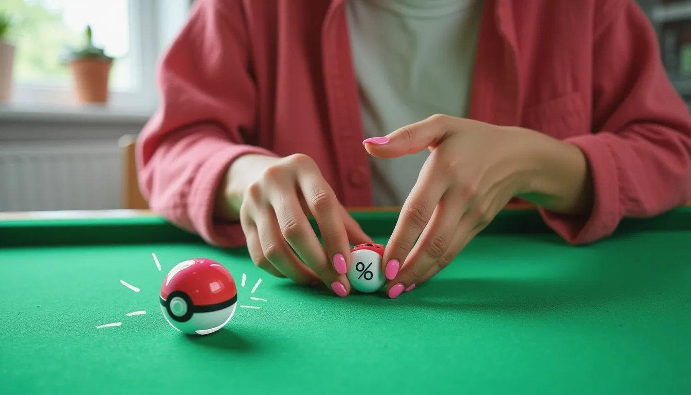 Close-up of a woman's hands with pink nails on a green felt table, holding a small pokeball marked with a percent sign beside a larger red-and-white pokeball outlined with drawn motion lines.