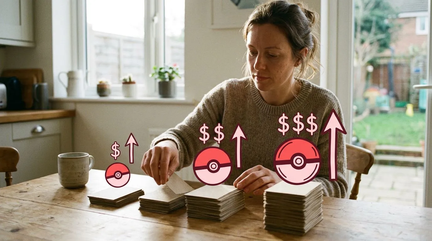 A photograph of a woman sorting a stack of plain trading-card backs into value-ranked piles on a bright kitchen table, with flat hand drawn pokeball-red illustrations of pokeballs, dollar signs, upward arrows drawn over it.