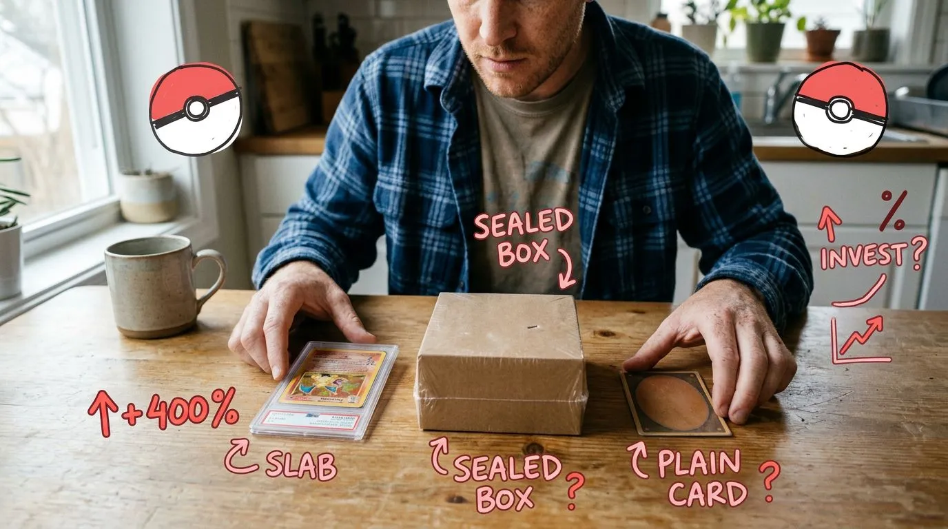 A photograph of a man comparing a graded card slab, a shrink-wrapped plain cardboard box, and the plain back of a trading card spread across a kitchen table, with flat hand drawn pokeball-red illustrations of pokeballs, upward arrows, percent signs drawn over it.