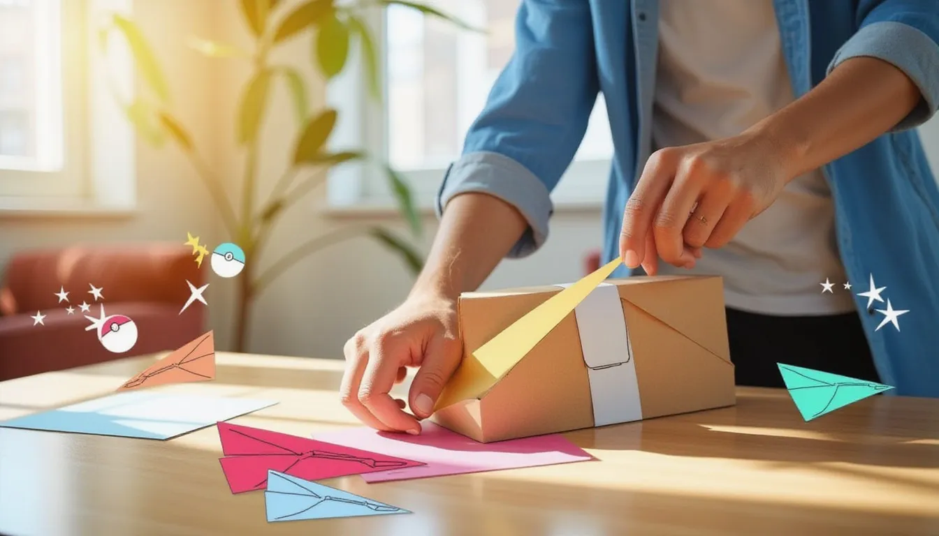 A photograph of a person pressing a strip of tape onto a small kraft box at a sunny packing table, with flat illustrated pokeballs, paper airplanes and stars drawn over the scene.