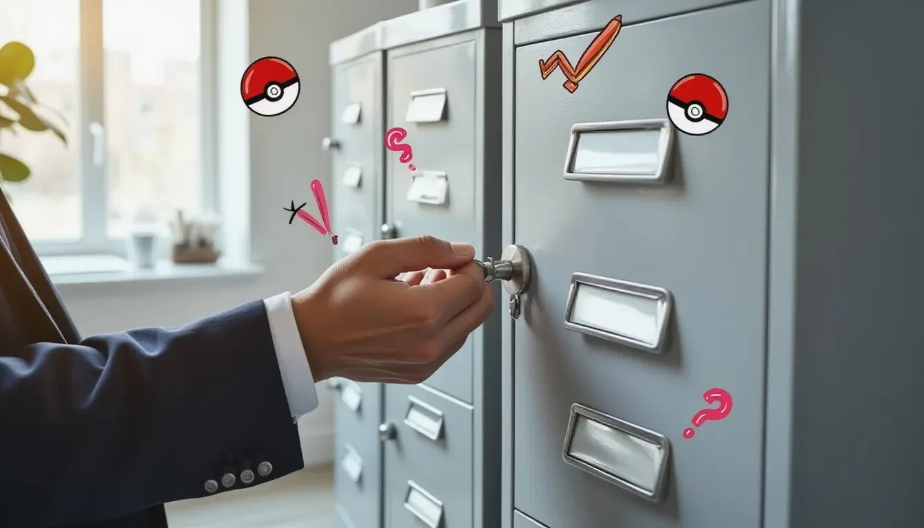 A photograph of a man turning a small key in the lock of a grey steel filing cabinet, with flat hand drawn pokeball-red illustrations of pokeballs, checkmarks and question marks drawn over it.