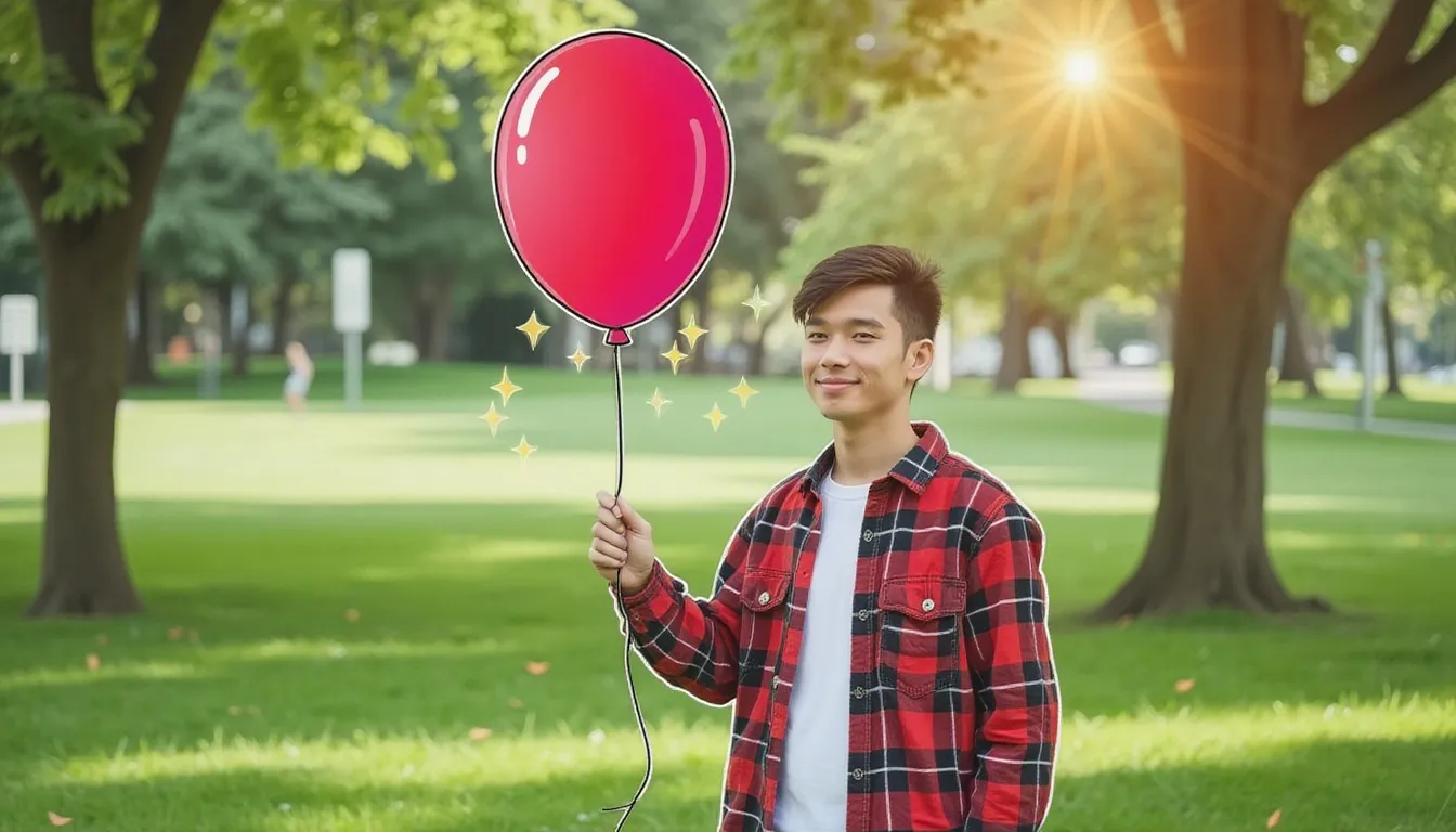 A photograph of a young man in a park holding the string of a big red balloon, with flat hand drawn pokeball-red illustrations of stars and sparkles drawn over it.