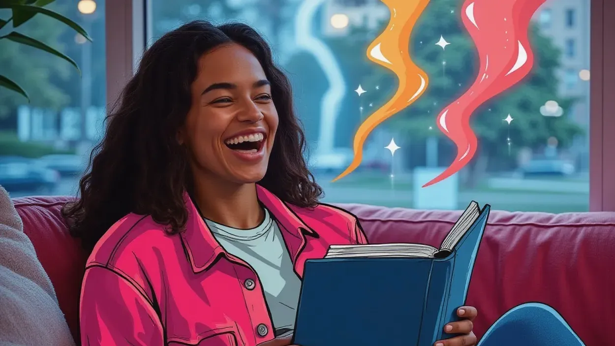 A photograph of a woman laughing on a red sofa with an open blue card binder beside a large window, with flat hand drawn pokeball-red illustrations of swirling ribbons and sparkles drawn over it.