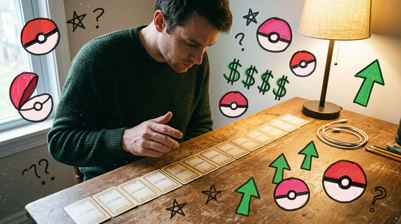 A photograph of a man laying out seventeen plain trading-card backs in a long row across a wooden desk, comparing them under a desk lamp, with flat hand drawn pokeball-red illustrations of pokeballs, dollar signs, upward arrows drawn over it.