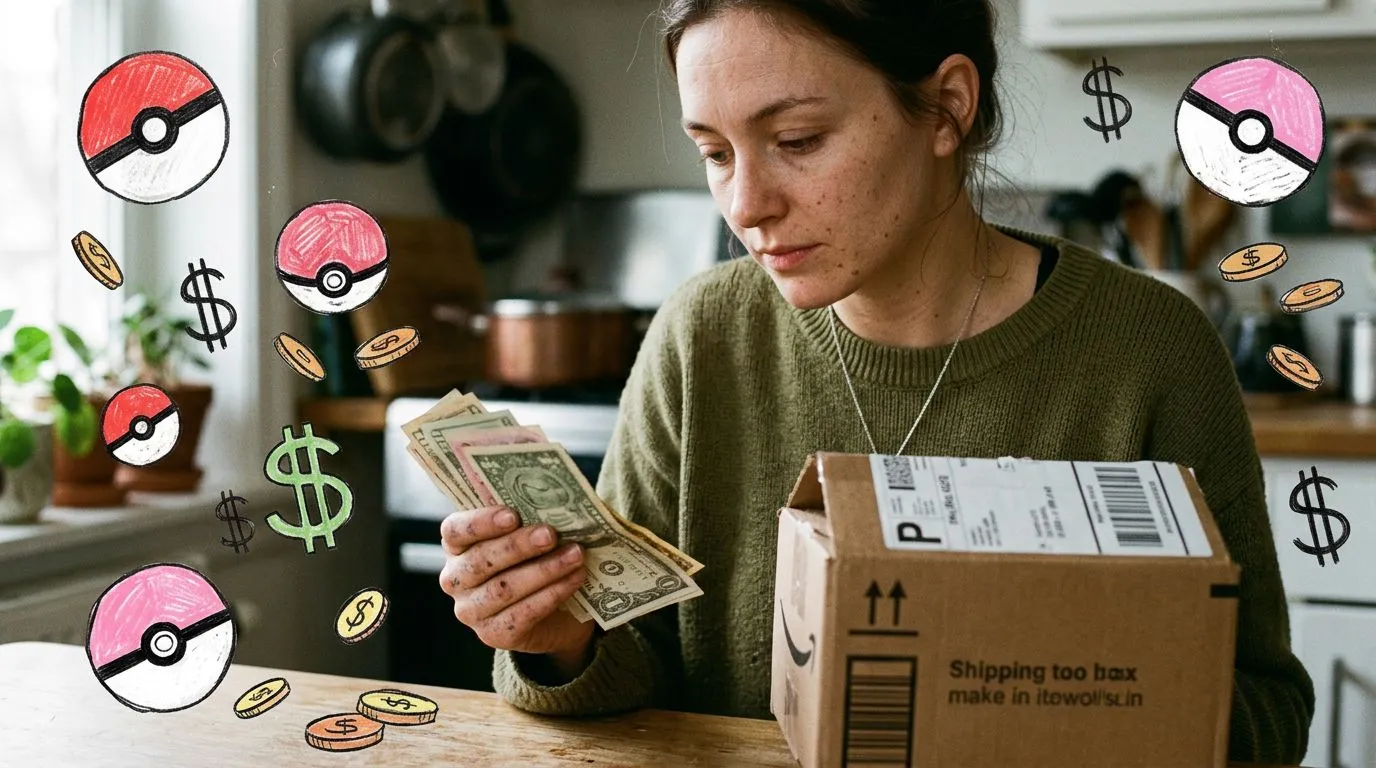 A photograph of a woman comparing cash in her hand to a small shipping box on a kitchen table, with flat hand drawn pokeball-red illustrations of pokeballs, dollar signs, coins drawn over it.