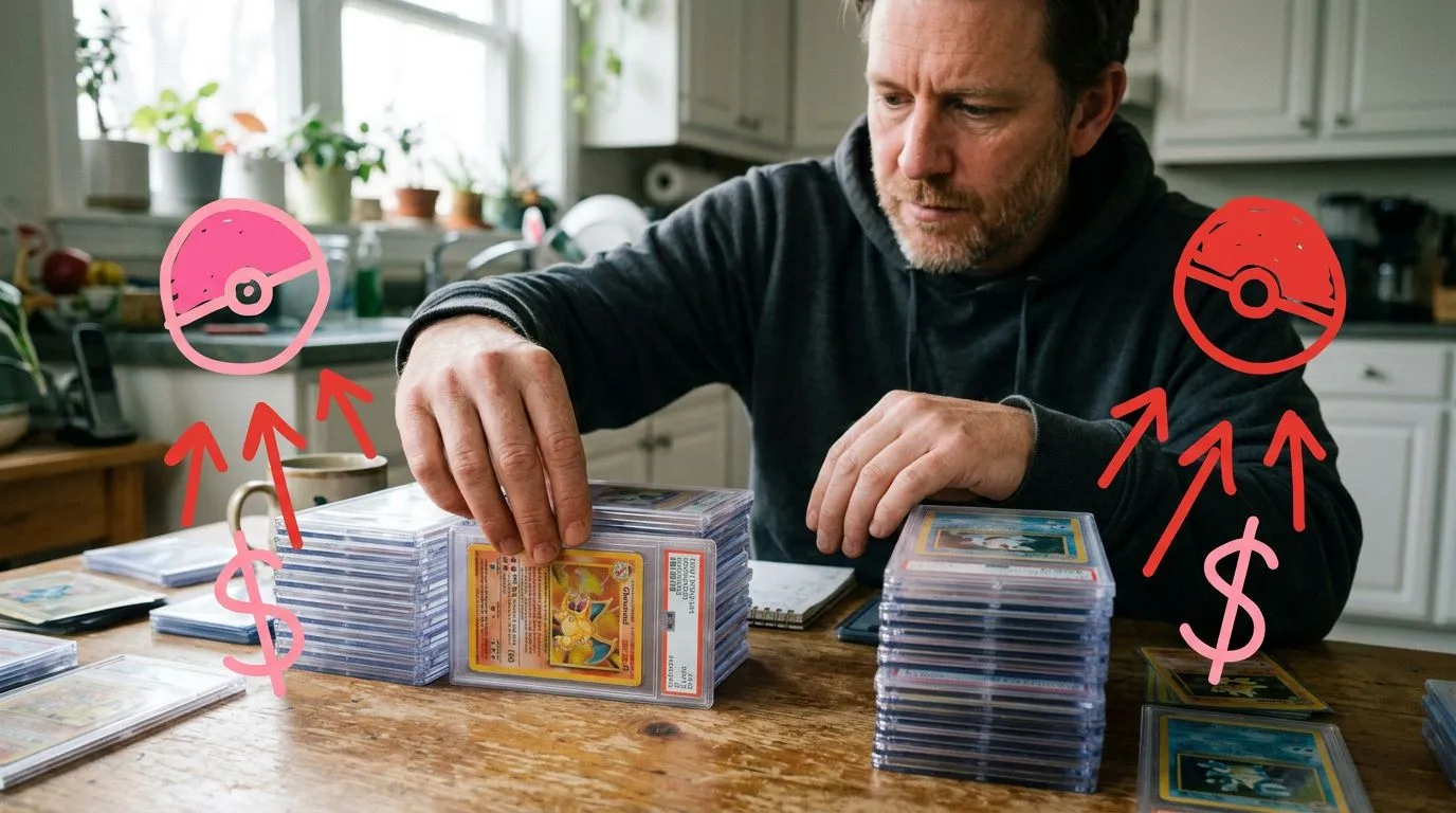 A photograph of a man lining up two rival stacks of graded card slabs side by side on a kitchen table, with flat hand drawn pokeball-red illustrations of pokeballs, dollar signs and upward arrows drawn over it.