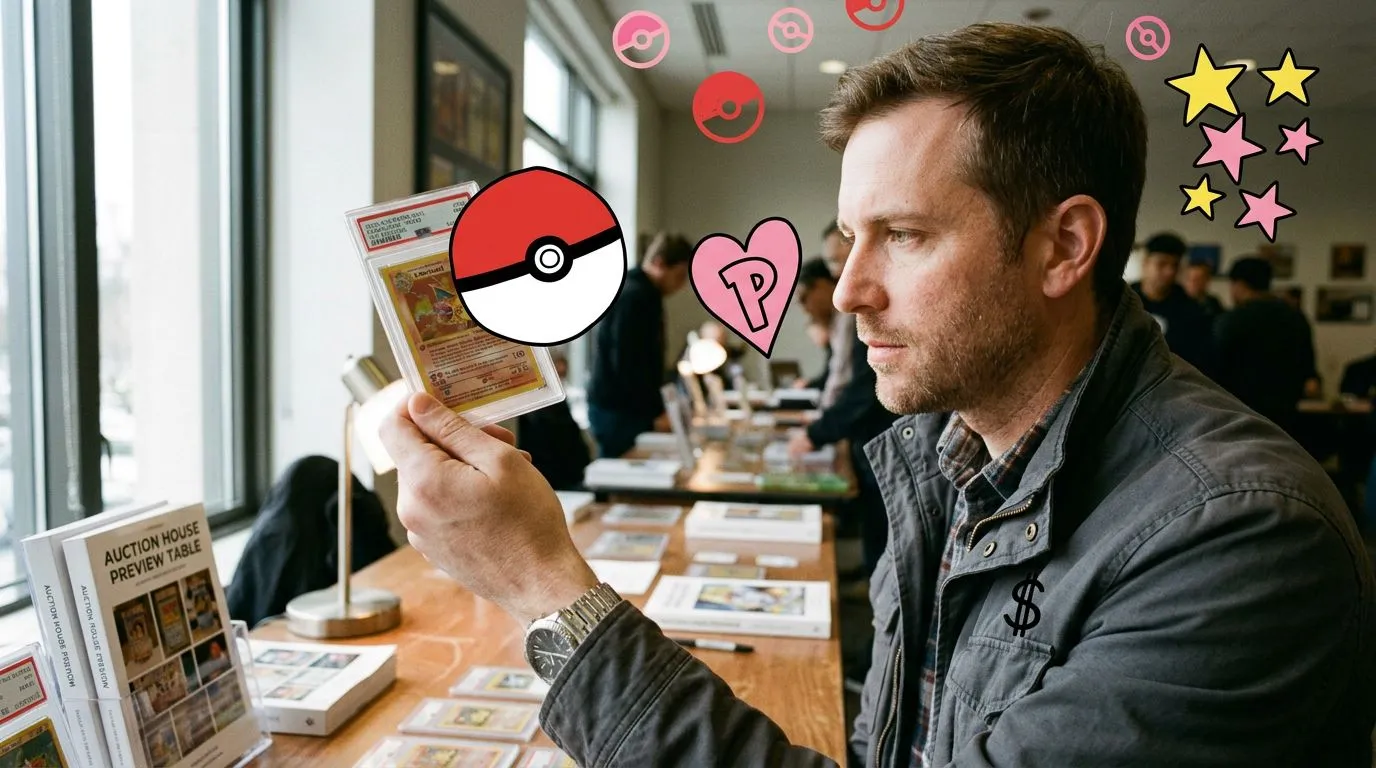 A photograph of a man holding up a graded card slab toward the light at an auction house preview table, with flat hand drawn pokeball-red illustrations of pokeballs, dollar signs, stars drawn over it.