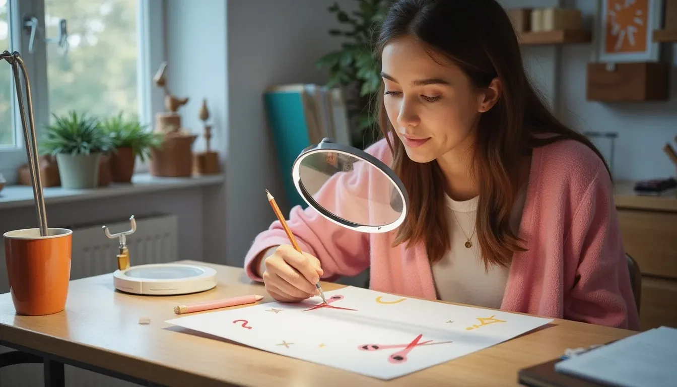 A photograph of a woman at a desk looking through a large magnifying glass as she draws on a sheet of white paper, with flat hand drawn pokeball-red illustrations of scissors, a question mark and sparkles drawn over it.