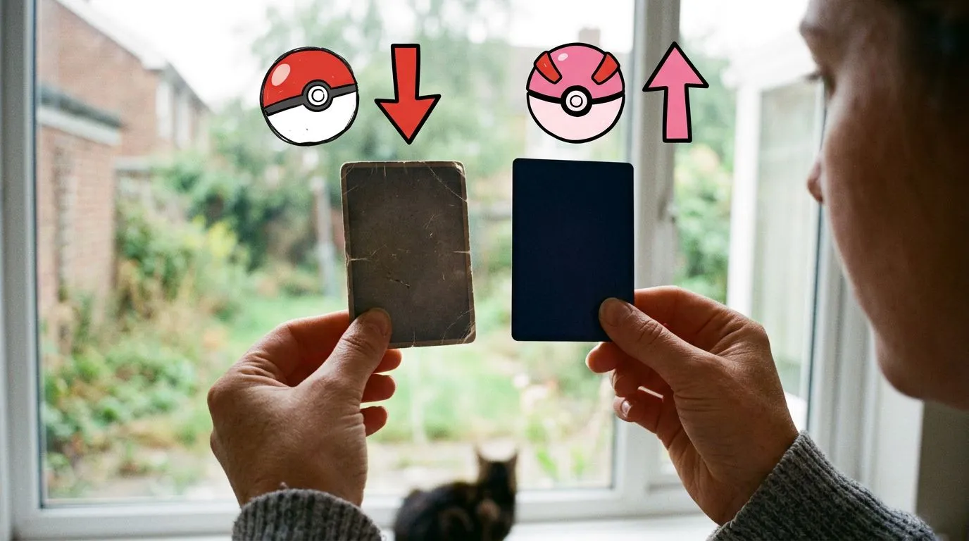 A photograph of a woman holding the worn plain back of one trading card and the crisp plain back of another card up to the light at a window, with flat hand drawn pokeball-red illustrations of pokeballs, upward arrows, downward arrows drawn over it.