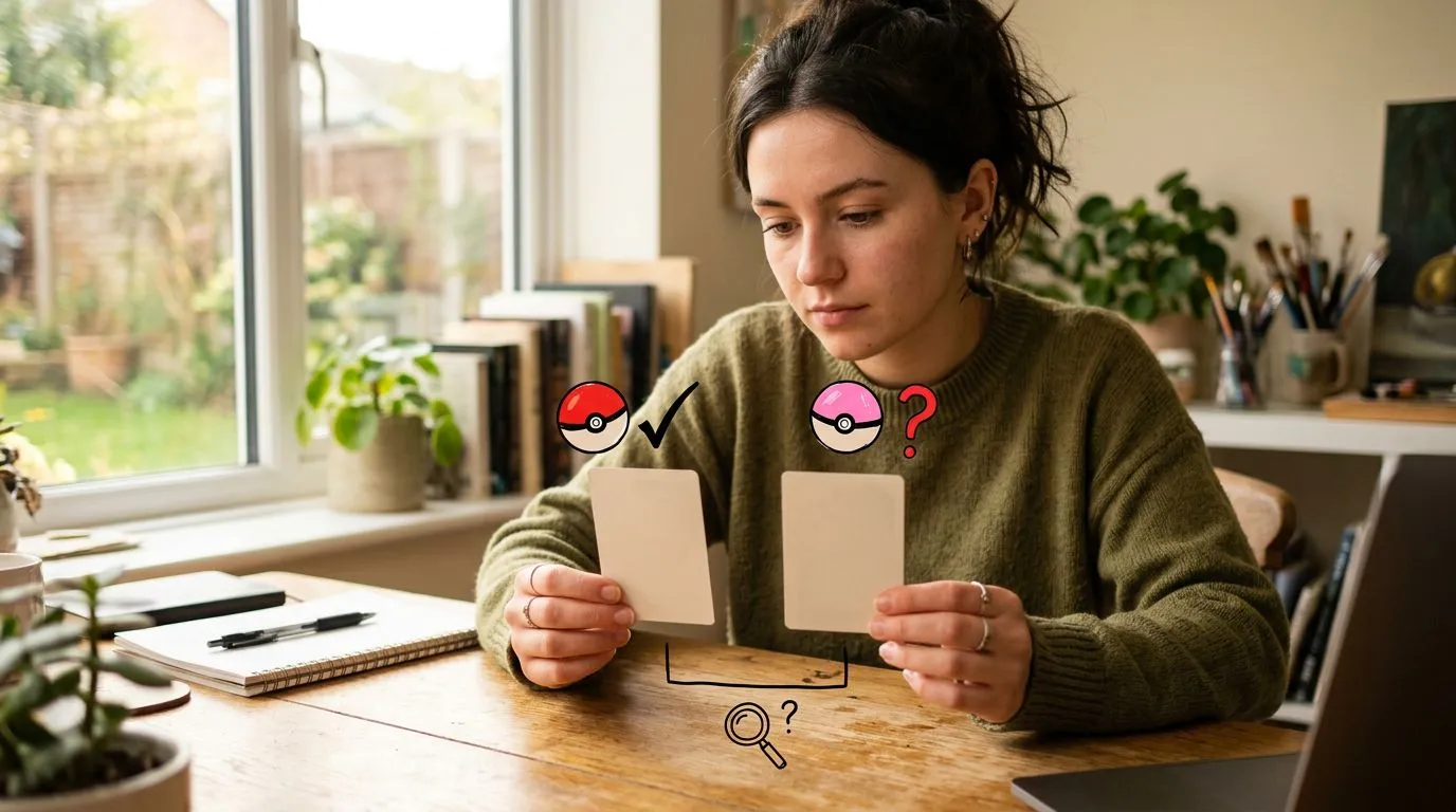 A photograph of a woman comparing the plain backs of two trading cards side by side at a sunlit desk, with flat hand drawn pokeball-red illustrations of pokeballs, checkmarks and question marks drawn over it.