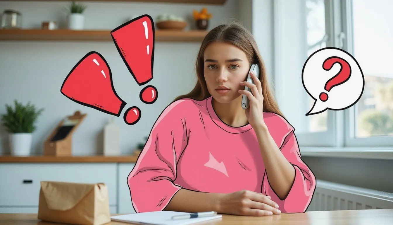 A photograph of a young woman on the phone at her kitchen table looking concerned, a small padded envelope beside her, with flat hand drawn pokeball-red illustrations of exclamation marks, a question mark, a speech bubble drawn over it.