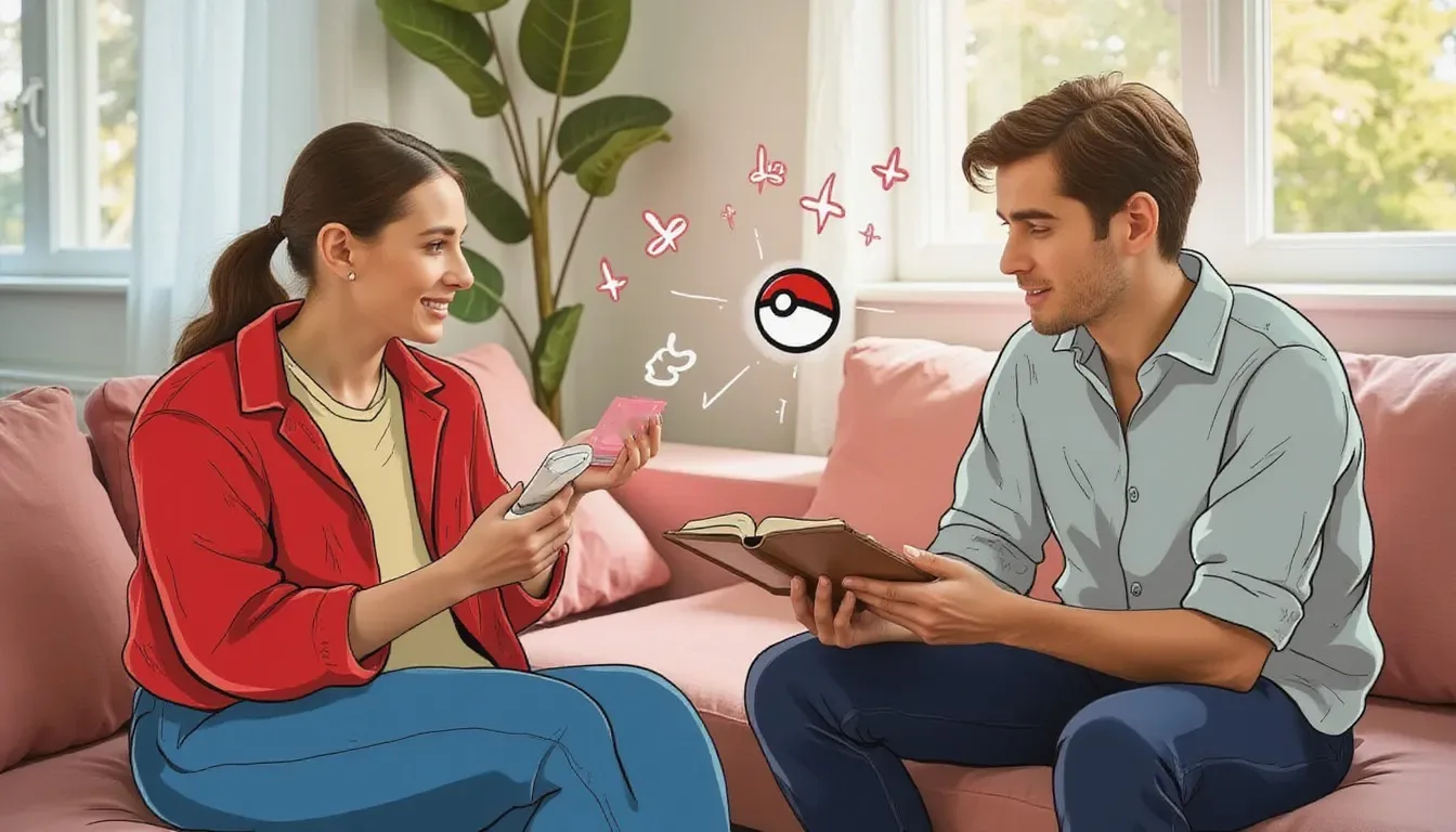 A photograph of a woman showing a small stack of cards to a man holding an open book on a pink living room sofa, with flat hand drawn pokeball-red illustrations of a pokeball and sparkles drawn over it.