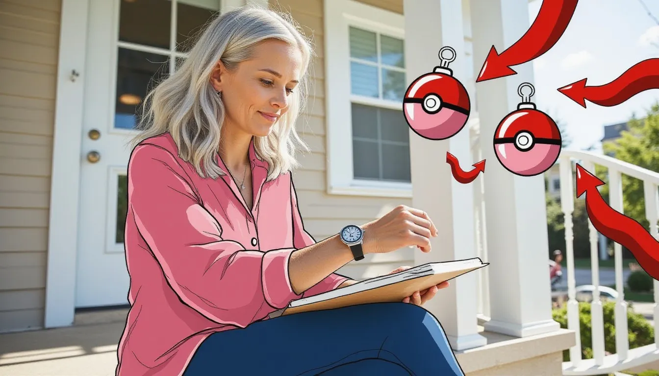 A gray-haired woman in a pink shirt sits on a sunny front porch checking her wristwatch, a tan folder on her lap, beside two hand-drawn pokeball stopwatches and curving red arrows.