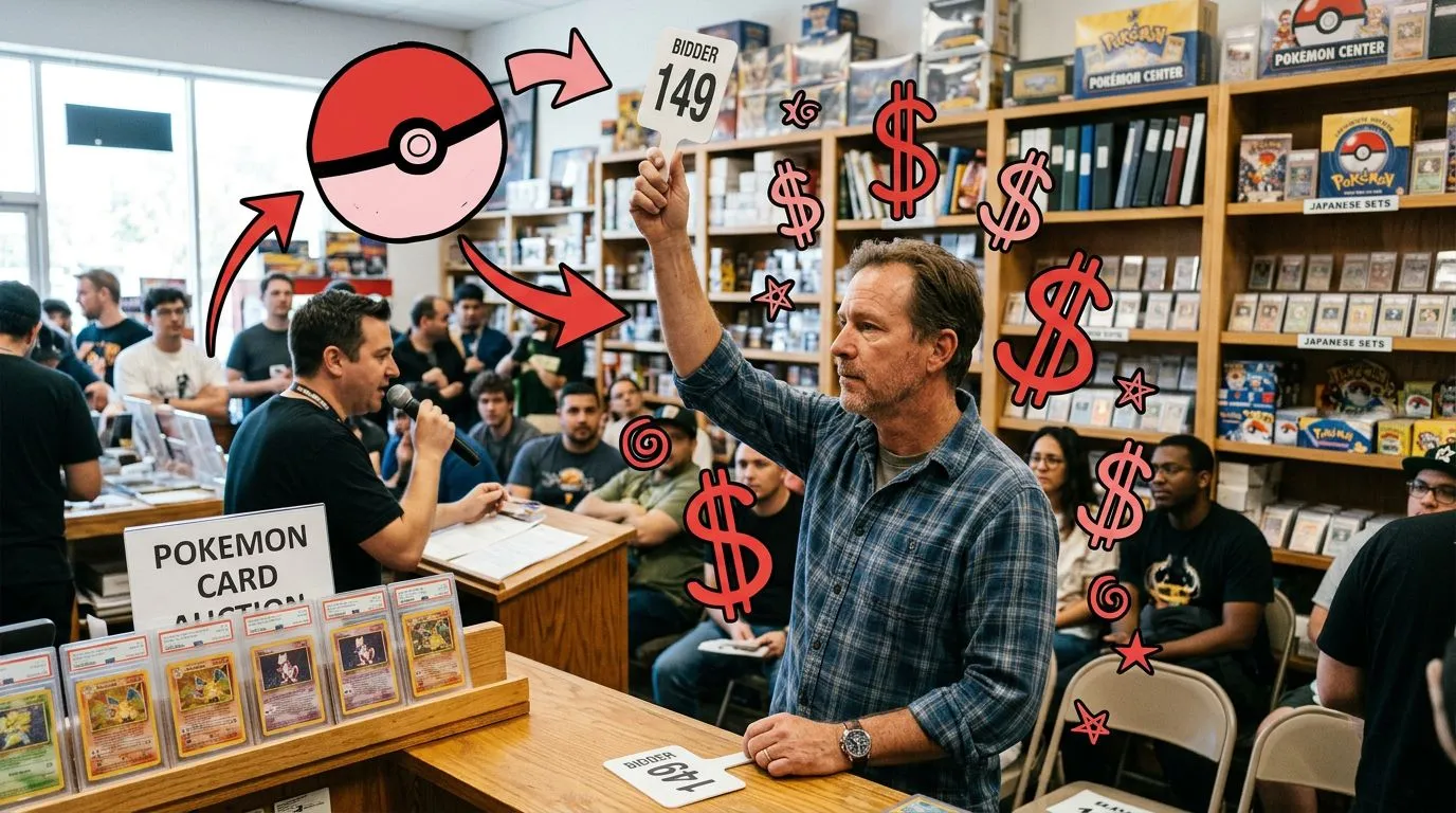 A photograph of a man raising a bidding paddle at a card auction inside a card shop showroom lined with shelves, with flat hand drawn pokeball-red illustrations of pokeballs, arrows, dollar signs drawn over it.