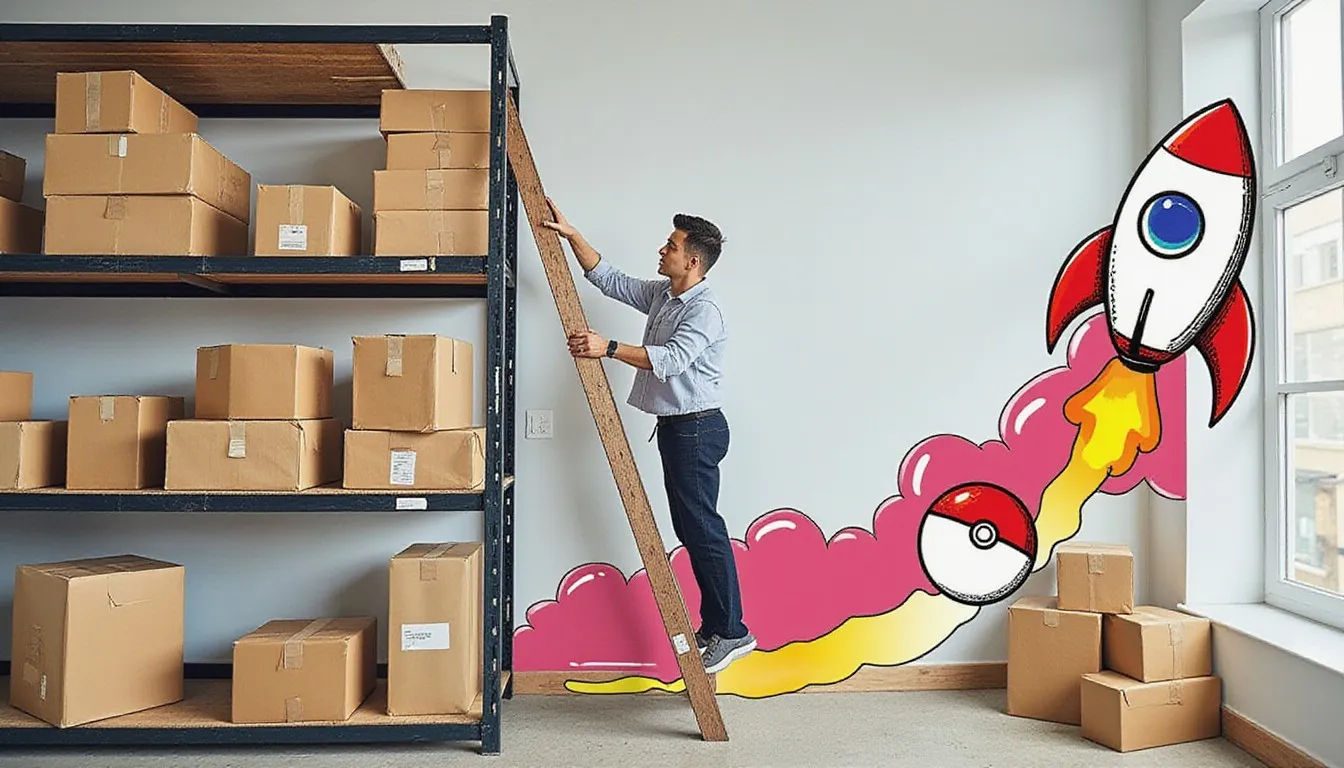 A photograph of a man on a ladder reaching up to stockroom shelves stacked with cardboard boxes, with flat hand drawn pokeball-red illustrations of a rocket, its pink smoke trail and a pokeball drawn over it.