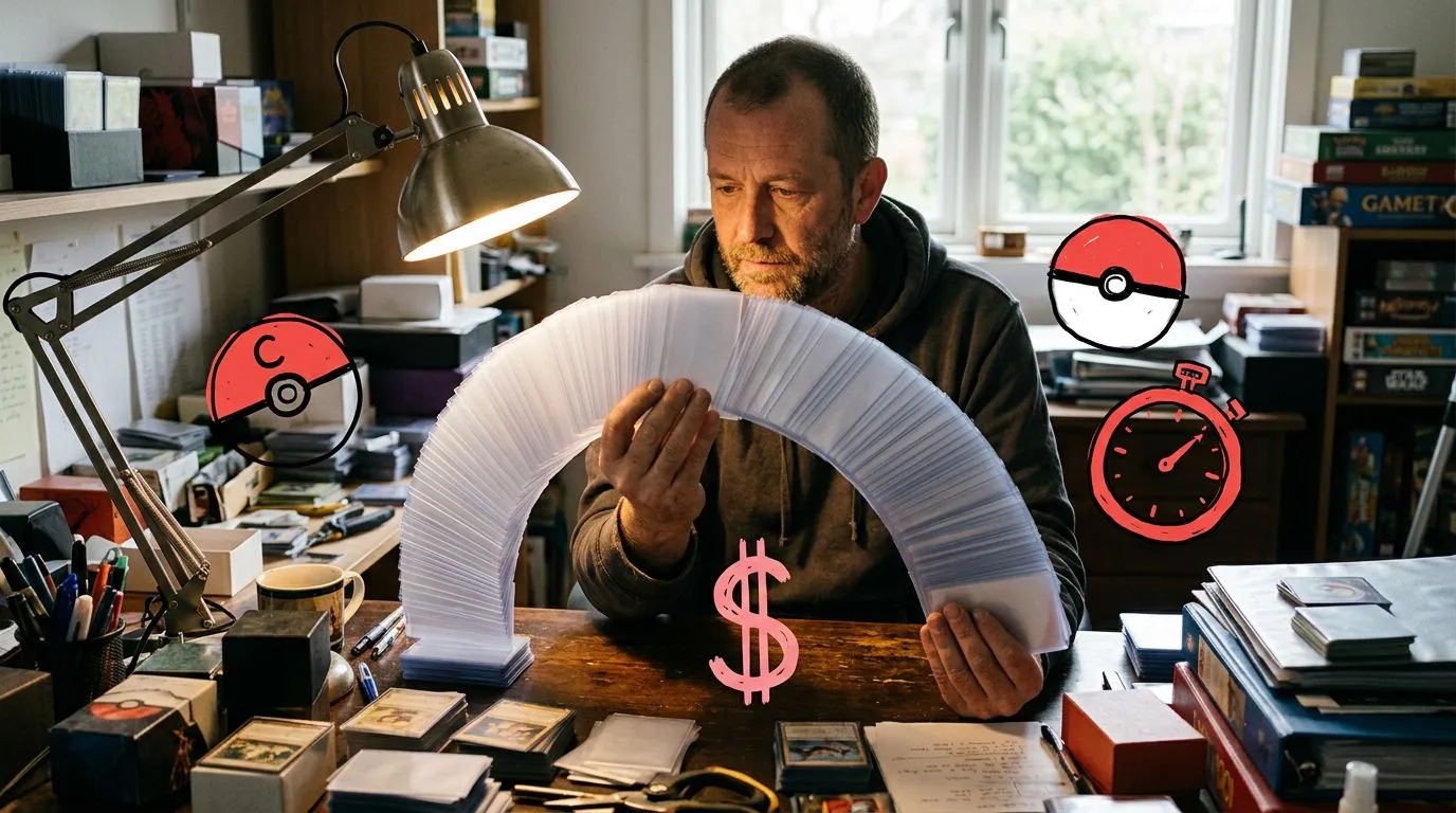 A photograph of a man at a cluttered desk fanning out a thick stack of plain trading-card sleeves in a wide arc, comparing them under a desk lamp, with flat hand drawn pokeball-red illustrations of pokeballs, dollar signs, a stopwatch drawn over it.