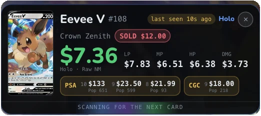 The overlay panel for an Eevee V from Crown Zenith: near-mint market price, LP, MP, HP and damaged prices, PSA and CGC graded prices, and the lot’s sold price stamped in red because it sold above market.